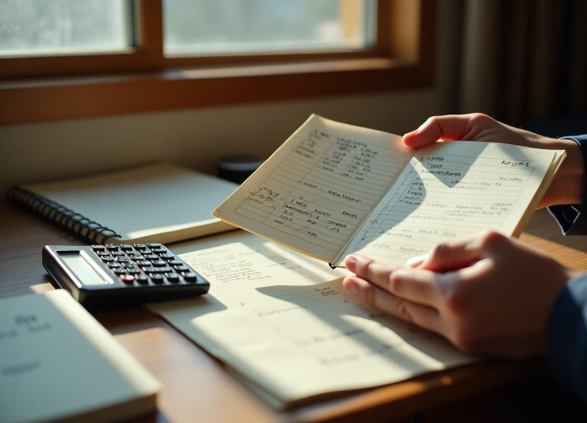通帳と手書きノート、電卓を前に入金を一人ずつ確認している大家さんの手元